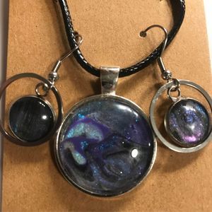 Handmade paint poured necklace and earring jewelry set